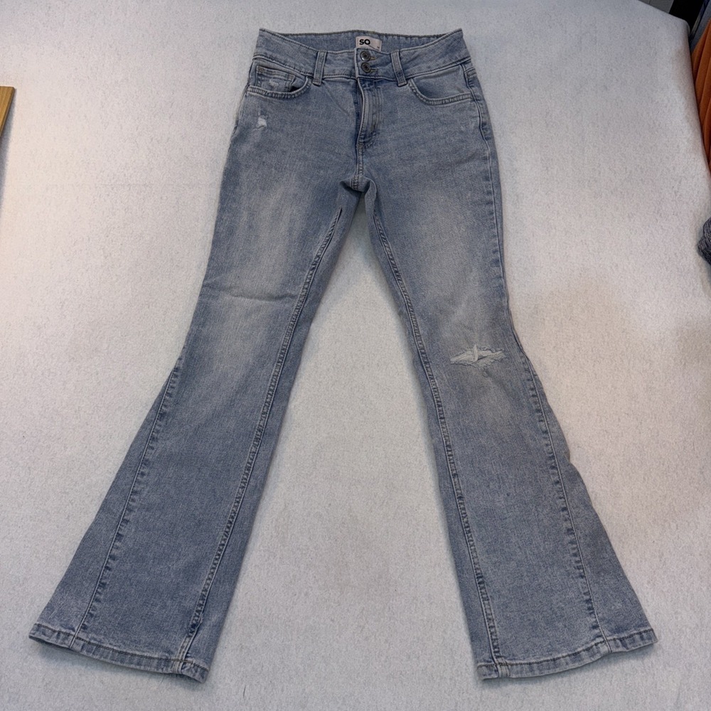 SO Bootcut Flare Light Blue Distressed Denim Jeans Juniors Size 14 Mid Rise